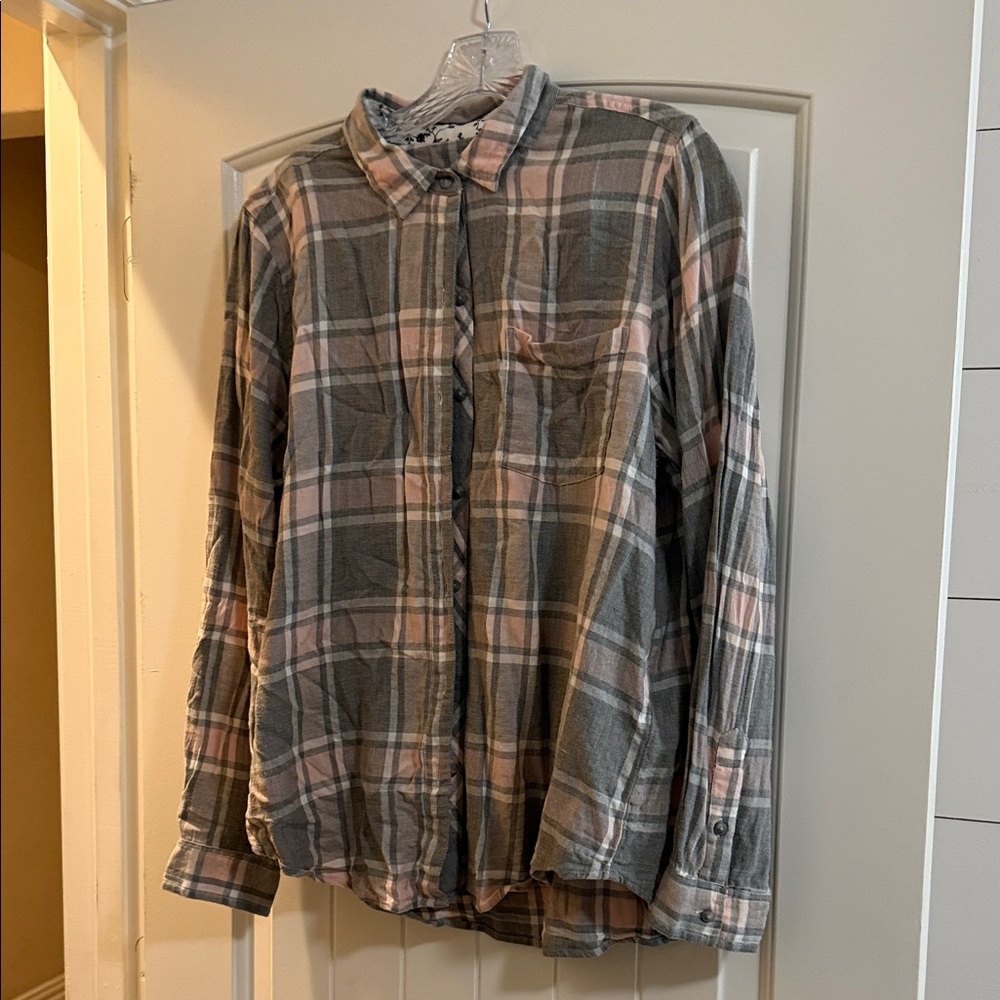 Lucky Brand Gray and Pink Plaid Button Down Shirt